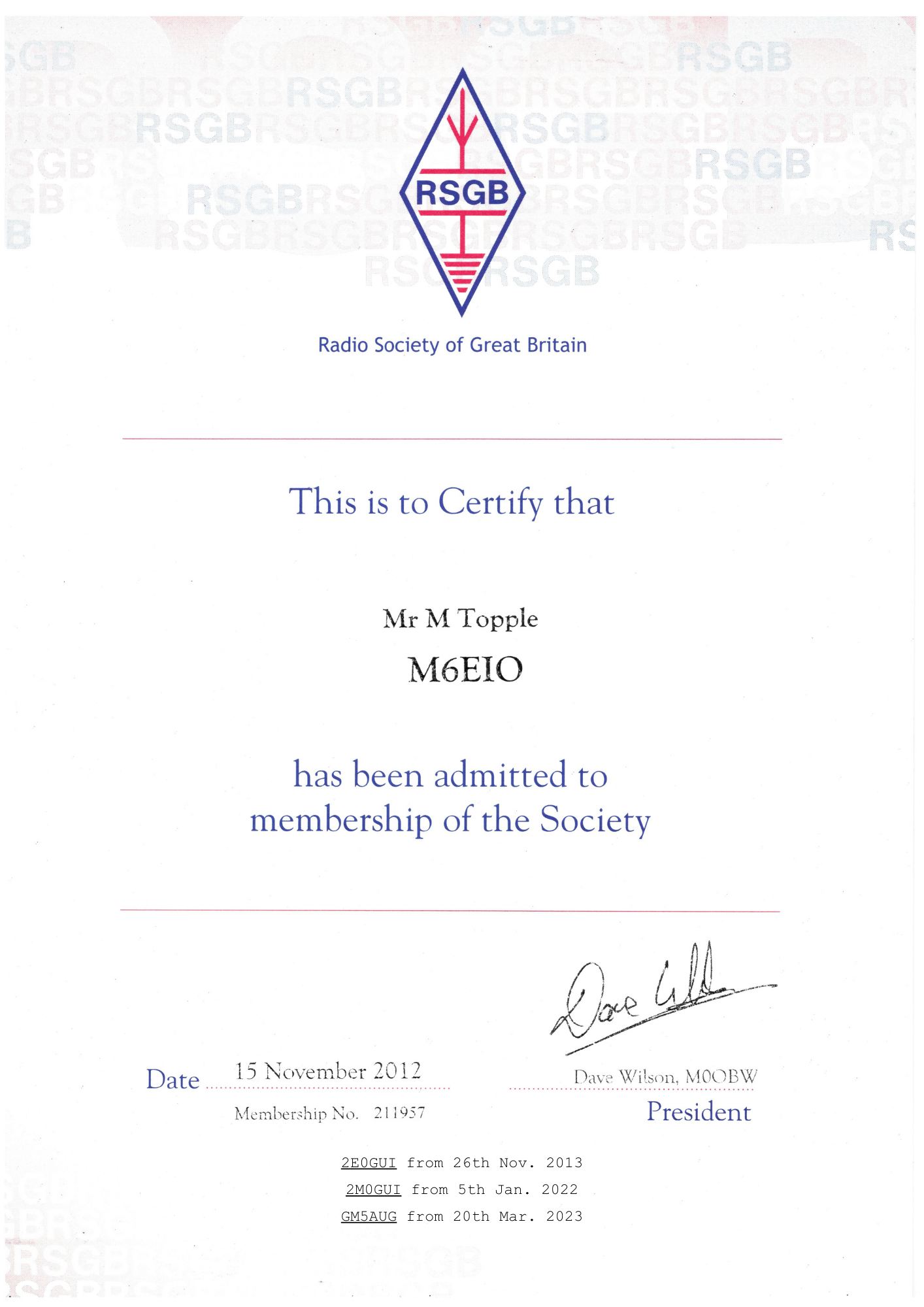 RSGB Membership cert.