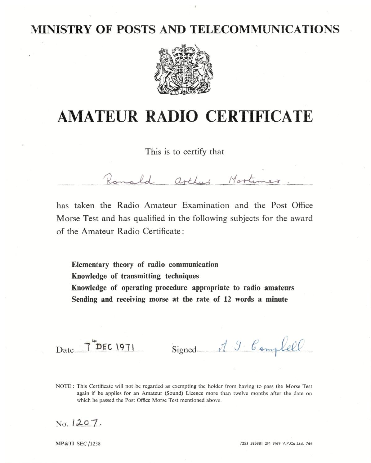 Amateur Radio Certificate - 1971