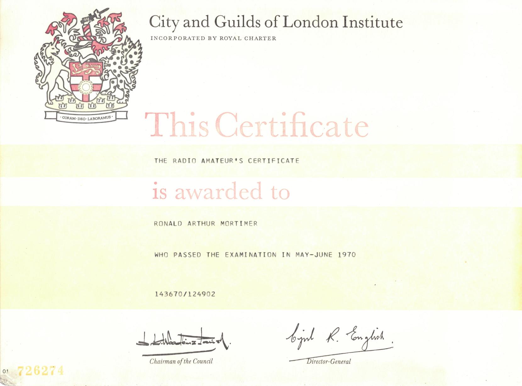 City and Guilds Certificate - 1970