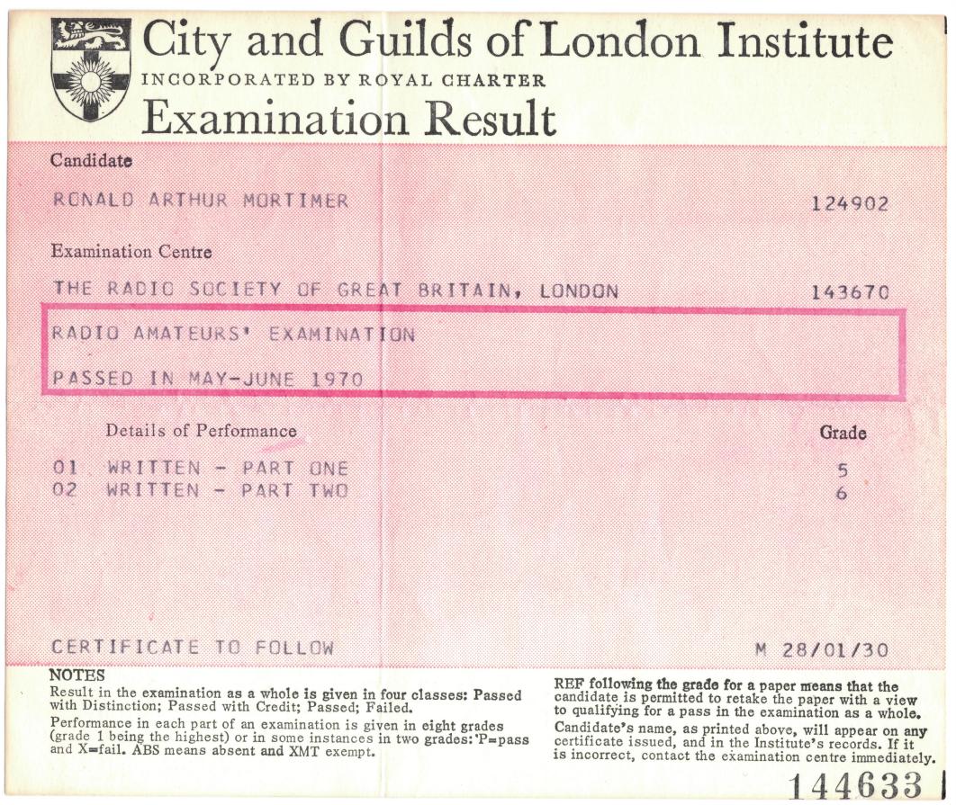 City and Guilds Pass Slip - 1970