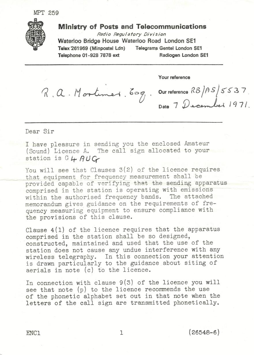 Licence Confirmation Letter - 1971