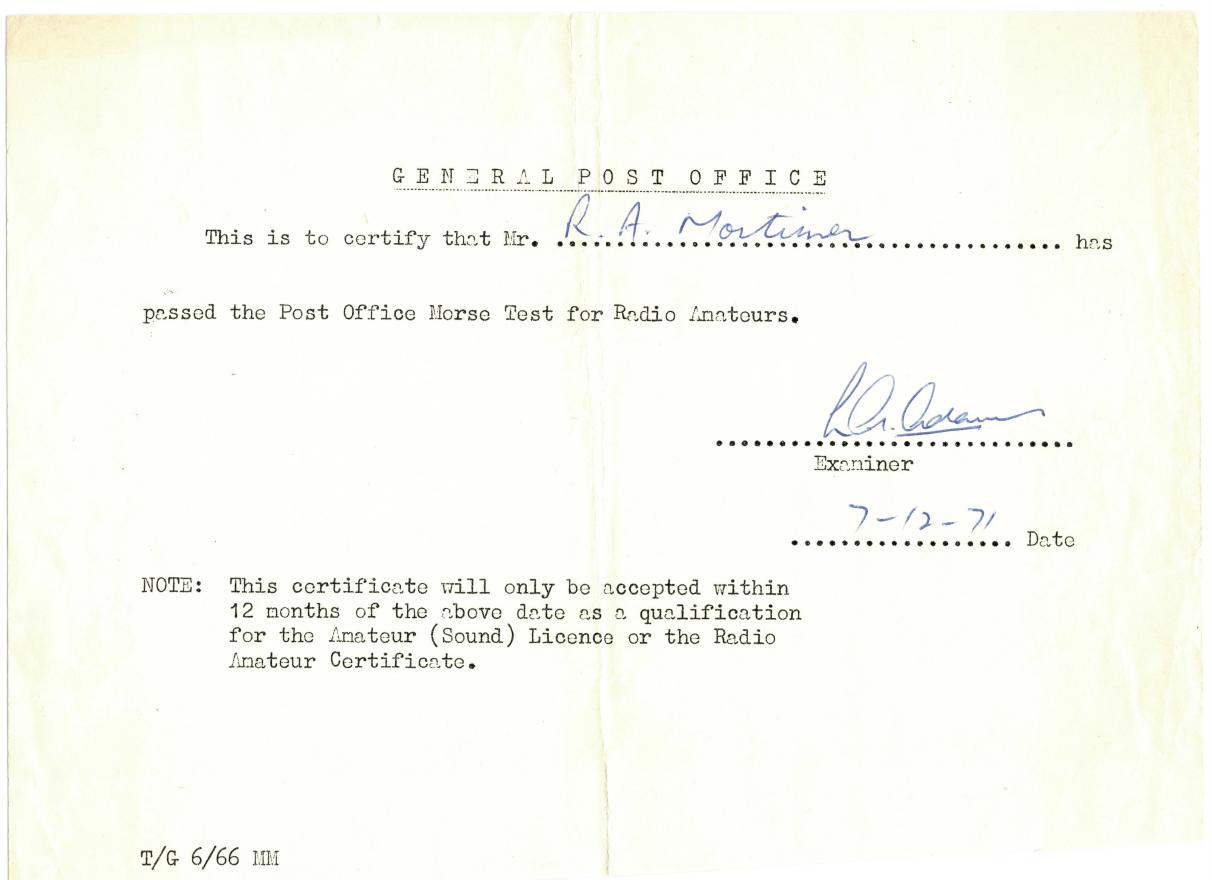 Morse Test Pass Slip - 1971